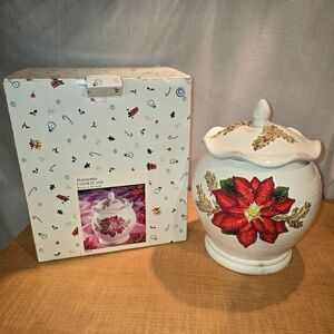 New! Vintage Poinsettia Flower Ceramic Cookie Jar Christmas Holiday Figi Brand‎